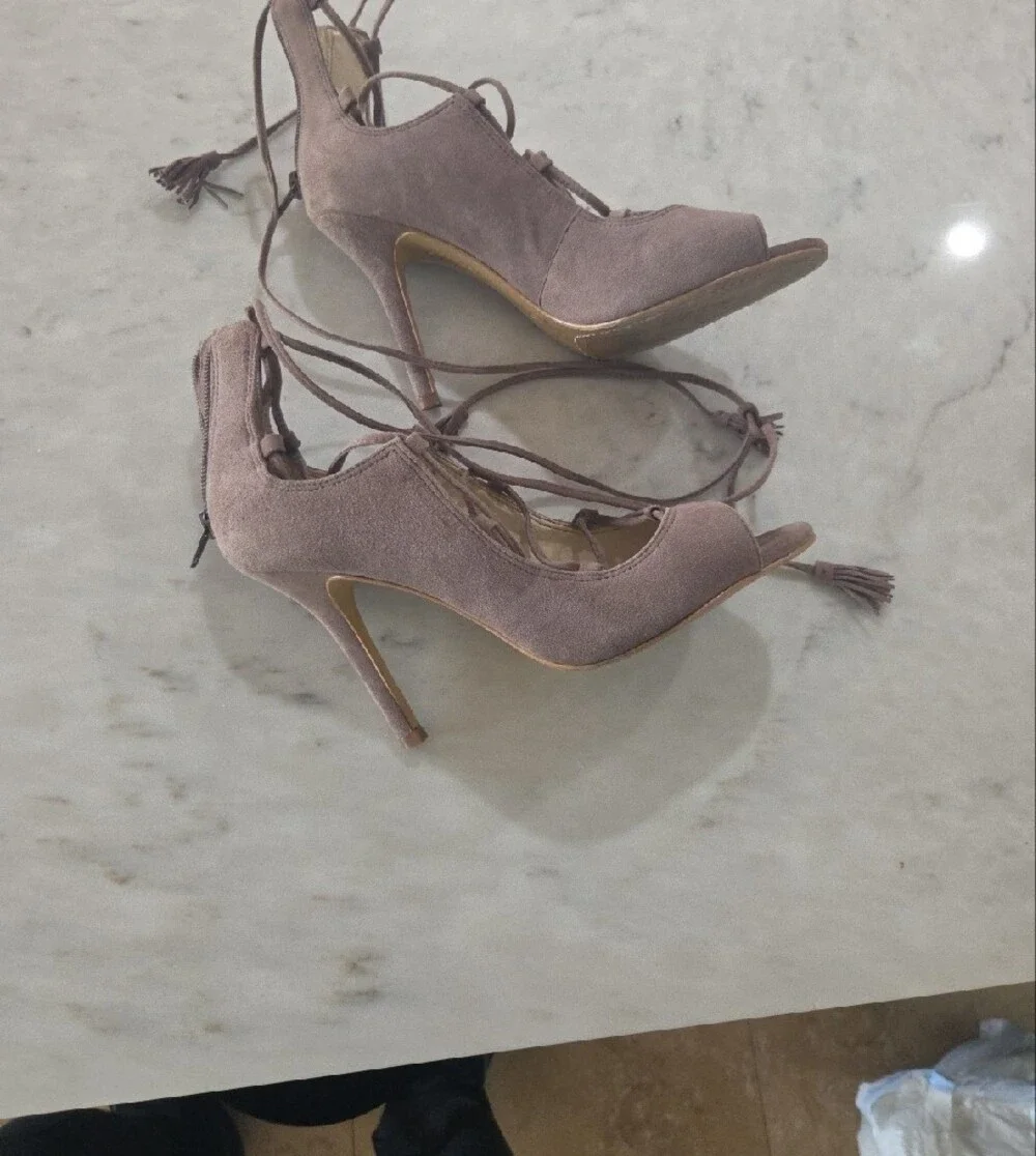 Vince Camuto Lace-Up Peep Toe Block Heel Sandals in Mauve
